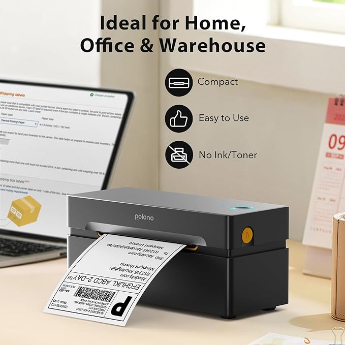 POLONO Bluetooth Thermal Shipping Label Printer, Wireless 4x6 Shipping Label Printer for Small Business, Support iOS, Android, Windows and Mac, Compatible with Amazon, Ebay, Shopify, Etsy, USPS(Brown)