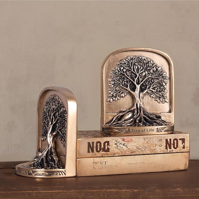 Antique Bronze Color Tree of Life Bookends Set, 2 Non-Skid Heavy Bookends for Shelves or Bookcase, Decorative Bookends for Desktop Shelf Decor, Library Office Decor, Home Décor Gift