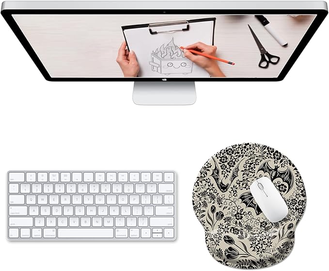Goth Bat Floral Ergonomic Mouse Pad with Wrist Rest, Gothic Flowers Gaming Mousepad Wrist Support, Funny Computer Mouse Pad with Non-Slip PU Base for Desk Accessories Office Decor Supplies