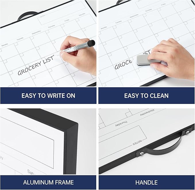 TSJ OFFICE White Board Calendar - 12 X 16 Inches Magnetic Dry Erase Board Monthly Calendar, Double Sided Whiteboard with a Handle, to Do List Notepad for Office, Home, School, Black Aluminum Frame