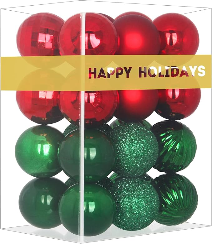 Red & Green 1.6" Small Christmas Balls Christmas Tree Decoration Ornaments Shatterproof Hanging Balls for Birthday Halloween Holiday Wedding Decorations Set of 24pcs