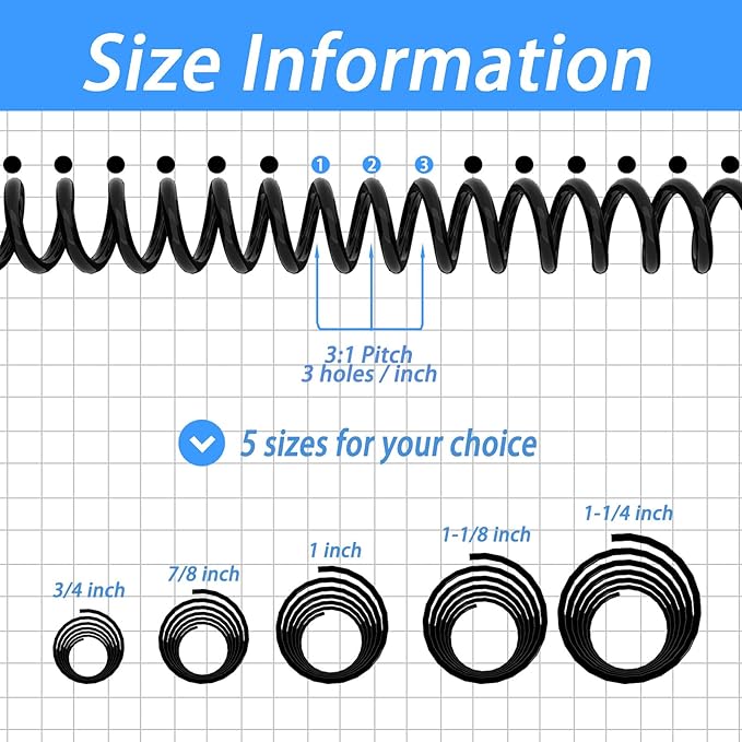 Rayson 28.6mm Plastic Spiral Coil Binding 3:1 Pitch, 1-1/8 inch, 240 Sheets Capacity Black Coil Binding Spines - Versatile for Office and Educational Tasks, Pack of 50