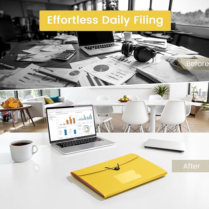 13 Pocket Accordion File Organizer with Elastic Closure, Expanding File Folder for Letter Size A4 Papers, Ideal for Home, Office Supplies, College Essentials - Yellow