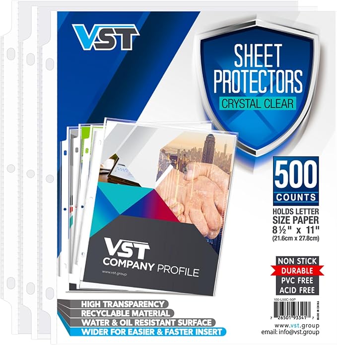 VST Sheet Protectors 8.5 x 11 Inch for 3 Ring Binder, Crystal Clear Page Protectors, Medium Weight Plastic Sleeves, Top Loading Paper Protector Acid Free, Letter Size, Dry Erase Pocket, 500 Sheets