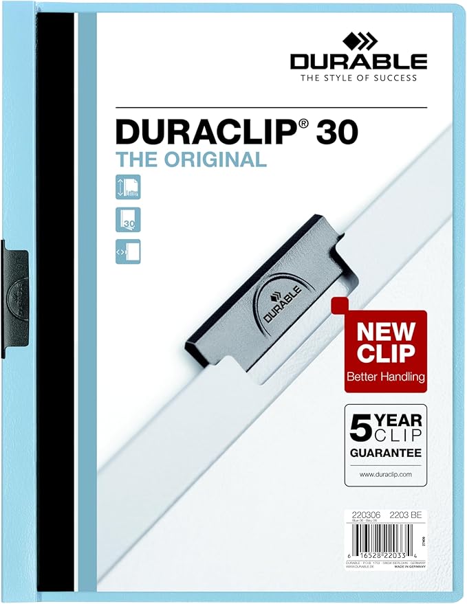 Durable Report Cover with DURACLIP - Letter-Size 8.5" x 11" Inches - Holds Up to 30 Pages - Clear Cover with Dark Blue Border - Box of 25