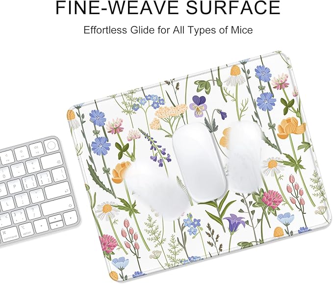Auhoahsil Mouse Pad, 12 x 10 in Simple Flower Theme Computer Mouse Pad for Desk, Premium-Textured Non-Slip Rubber Stitched Edges Waterproof Square Mouse Mat for Gaming Work Wireless Mice, White