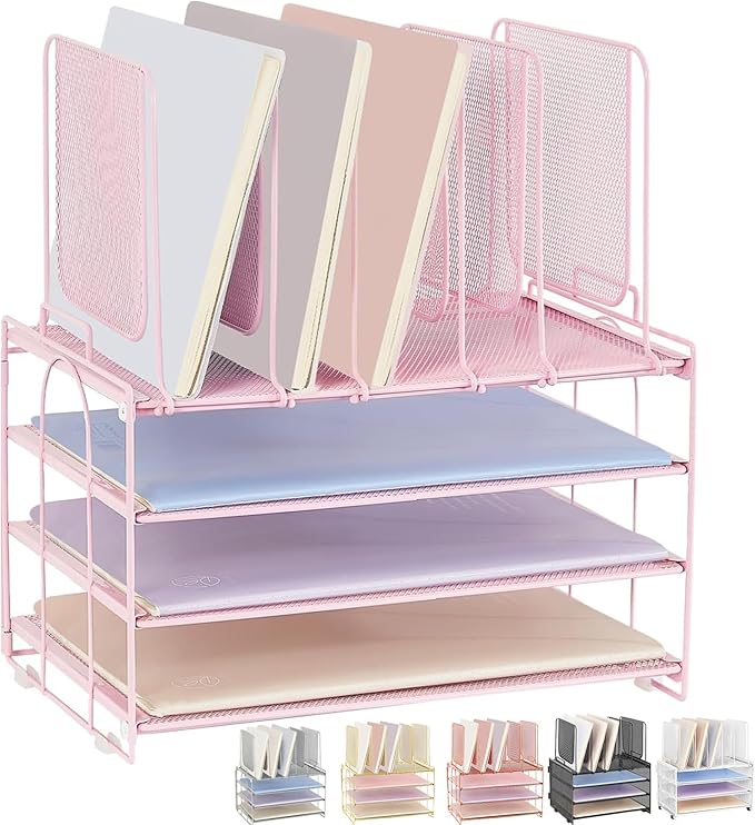 Paper Desk Organizer, 3-Tier Letter Tray with 5 Vertical File Holders, Multifunction Desktop Folder Organizers and Accessories for Home Office(Pink), LK-3CB
