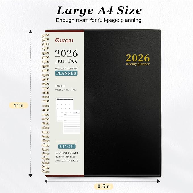 Oucaru 2026 Planner, Weekly and Monthly Planning Calendar, Jan 2026 - Dec 2026, 8.5" x 11", Spiral Bound, 12 Habit Trackers & Monthly Tabs, 2 Storage Pockets, Perfect for Office Home School Supplies