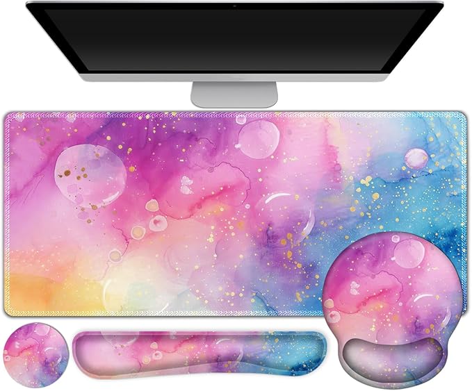 ARTSO Large Mouse Pad and Keyboard Wrist Rest, Ergonomic Mouse Pad with Wrist Support, Non-Slip Desk Mat Protector for Office, Home -Blue Pink Ink Marble