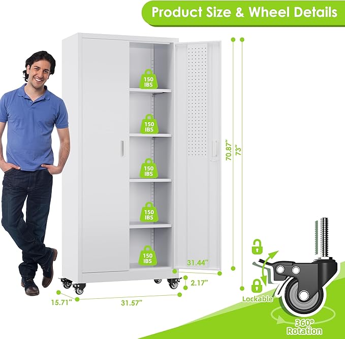 Aobabo 73''H Garage Storage Cabinet with Wheels,Office Storage Cabinet with Lock,Steel Cabinet with 2 Doors and 4 Adjustable Shelves for Garage Office,Required-Assembly White