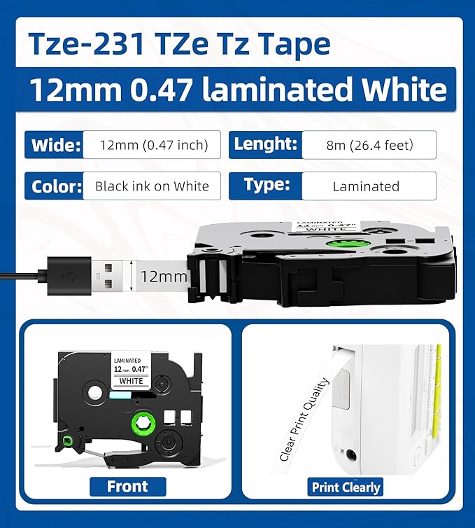 Label Maker Tape, Compatible with Brother P Touch Label Tape, TZe-231 12mm 0.47 Black Ink on White Tze Tz Laminated White Replace for Brother Ptouch PT-D210 PTH110 PTD220 PTD410, 5 pk
