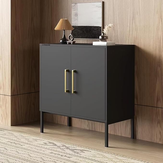 LYNSOM Storage Cabinet with Doors and Shelves, Free Standing Office Cabinet, Modern Wood Buffet Sideboard for Kitchen, Living Room, Bedroom, Hallway, Black