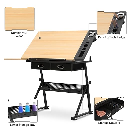 MoNiBloom Adjustable Drafting Table & Stool Set with Storage, Versatile Art Desk and Craft Center Home Study Room Artist Desk