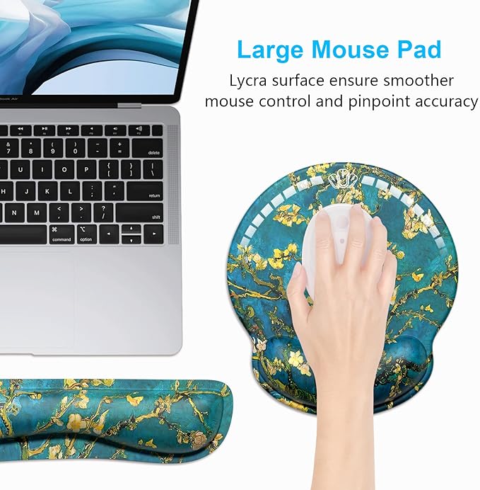 Dapesuom Keyboard Wrist Rest and Mouse Pad with Wrist Support, Cute Memory Foam Cushion for Keyboard and Mouse Set, Ergonomic Pad Rests with Non Slip Base for Easy Typing & Pain Relief, Green Flower