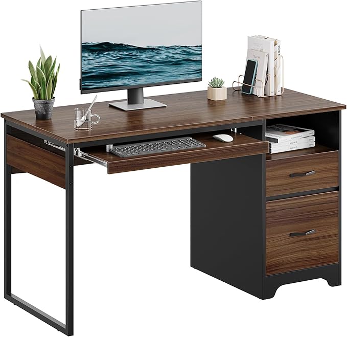 Bestier 48” Computer Desk with Drawers, Office Desk with Storage, Industrial Wood Writing Desk with File Drawer, Keyboard Tray & 2 Hooks for Home Office & Studio, Cherry