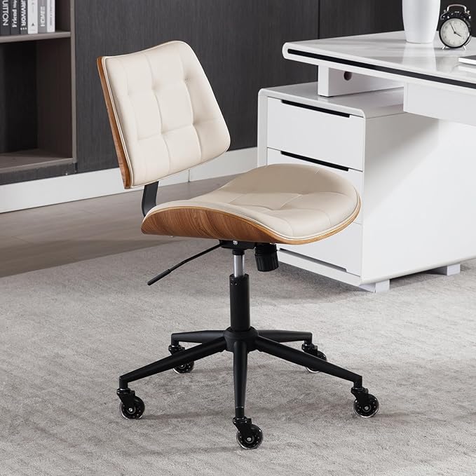 Home Office Desk Chair with Wheels, Adjustable Height Armless Office Chair, PU Leather Mid Back 360° Small Computer Chair, Modern Walnut Chair No Arms for Office, Reading Meeting Room(Beige)
