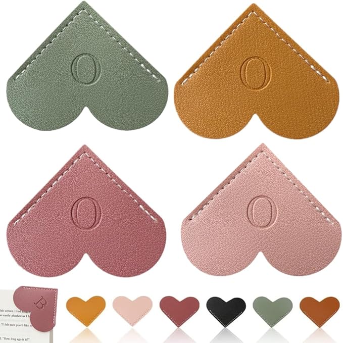 Personalized Leather Heart Bookmark, 26 Letters Customized Corner Book Mark for Reading Women, Book Marker with Initials，Cute Gifts (Light Pink+Deep Pink+Green+Light Brown, O)