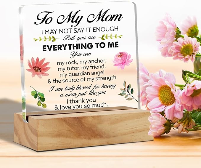 Mother's Day Floral Mom Gift Acrylic Desk Plaque Sign with Wood Stand - Home Office Keepsake
