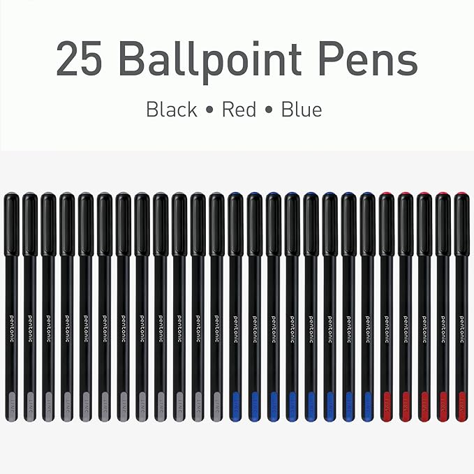 Pentonic Ballpoint Pens, 25 Count, Black, Red & Blue Colored Ink, 0.7 mm Fine Point, Smooth Writing For Journaling & Note Taking (PEN12126)