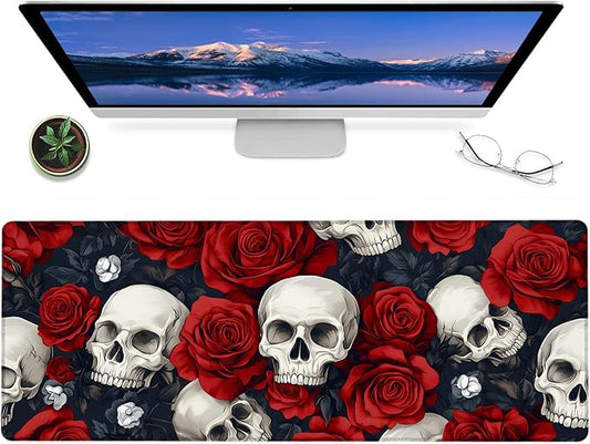 Gothic Skull and Rose Gaming Mouse Pad – 12x31.5in Non-Slip Rubber Desk Mat with Red Floral Design – Large Extended Mousepad for Office Home – Deskmat Gifts for Dark Art and Goth Decor