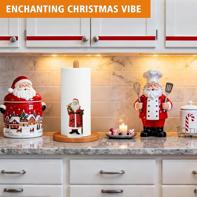 GAJ Christmas Decorations Paper Towel Holder Countertop, 3D Santa Claus Kitchen Counter Decor, Cute Resin Wooden Stand for Bathroom & Home Indoor Table, Winter Xmas Gift for Women, Housewarming Gifts