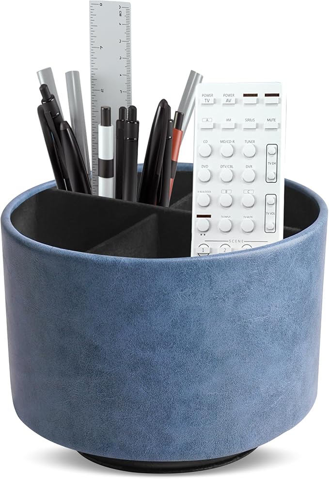 Hennaja Round Leather Art Supply Organizer,Remote Control Holder,360 Degree Spinning,Multi-Functional Pencil Holder,4 Compartments Desktop Stationary Organizer(1-Oil Blue)