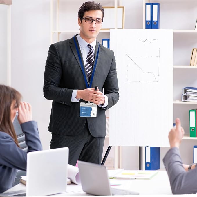 100 Pcs Lanyards for ID Badges and 100 Pcs Clear Name Tag Holders Reusable Lanyard with Clip Plastic ID Card Badge Holder Name Badges for Adults Kids Business School Office Supplies (Dark Blue)