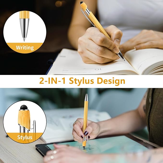Bamboo Personalized Pen with Stylus -Customizable Text Logo Name Ballpoint Pens with Black Ink-Personalized Gift Ideas for School Back Day Office Business Home(200 Count/Pack)