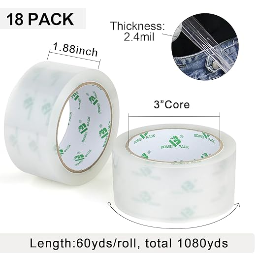 BOMEI PACK 18 Rolls Clear Packing Tape with Dispenser, Heavy Duty Refill Rolls Box Tape for Shipping Moving and Packaging, 2.4Mil 1.88 Inch x 60 Yard