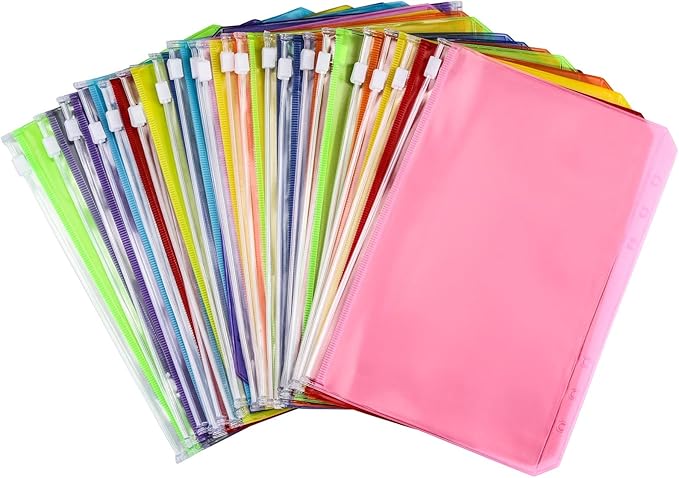 24Pcs A5 Binder Pockets 6 Holes Zipper Binder Pouch for Cash,ID Card,Credit Card, 8 Colors