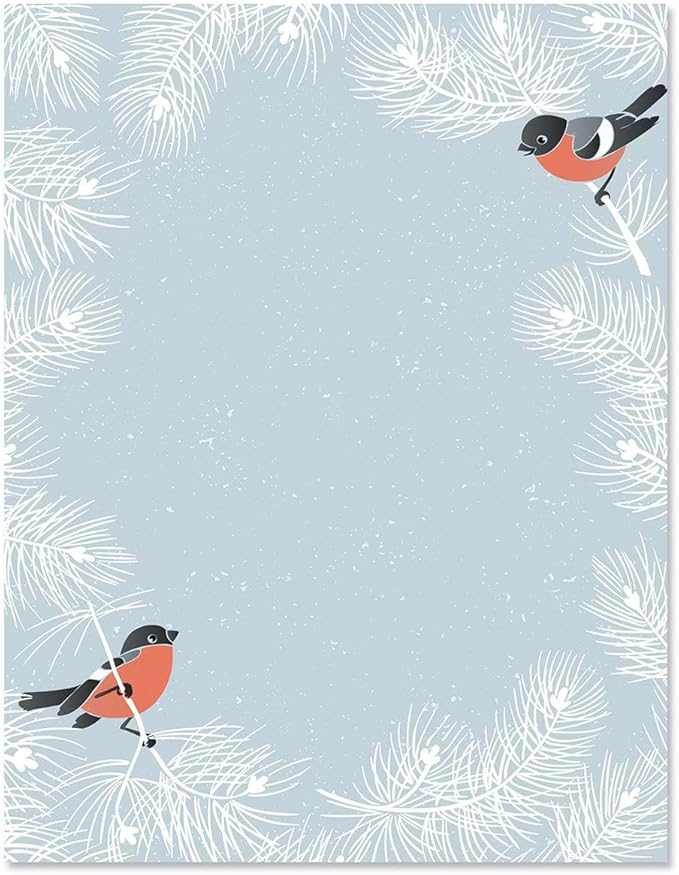 Winter Bird Border Letter Paper - Set of 25 Christmas stationery papers are 8 1/2" x 11", compatible computer paper