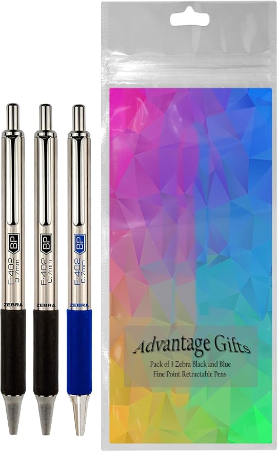 Zebra F-402 Ballpoint Stainless Steel Retractable Pen, Fine Point, 0.7mm, Black/Blue Ink, 3-Count Bundle with Plastic Reusable Pouch