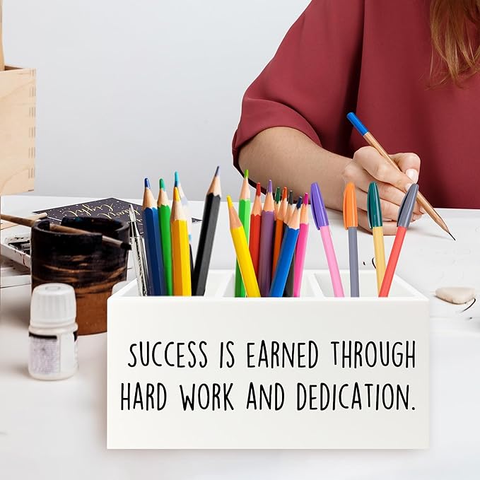 Motivational Gifts Pen Pencil Holder Organizer for Desk, Success Is Earned Through Hard Work and Dedication Inspirational Wooden Box Signs Decorations for Home Office Desk Tabletop