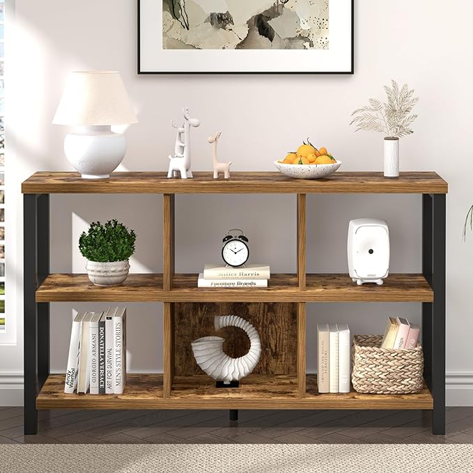 FOLUBAN Industrial Horizontal Bookshelf, 6 Cube Storage Organizer with Shelf, Wood and Metal Cubby Bookcase for Living Room Bedroom, Rustic Brown, 47 Inch