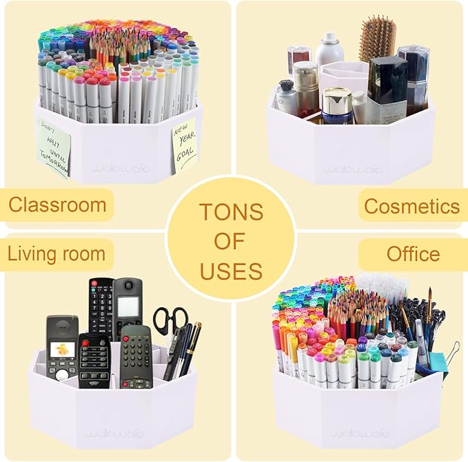 walowalo Bamboo Rotating Art Supply Organizer Holds 800+ Pencils Spinning Crayon Marker Pen Holder for Desk Brush Storage for Office School Classroom Organization Stationary White (Larger Version)