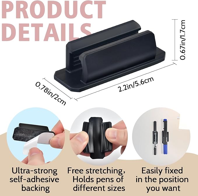 20 Pack Pen Holder Silicone,Adhesive Pen Holder for Desk,Marker Clip for Classroom Office Desk Accessories, Pencil Holder with 20 Double Sided Extra Sticky Tape (Black)
