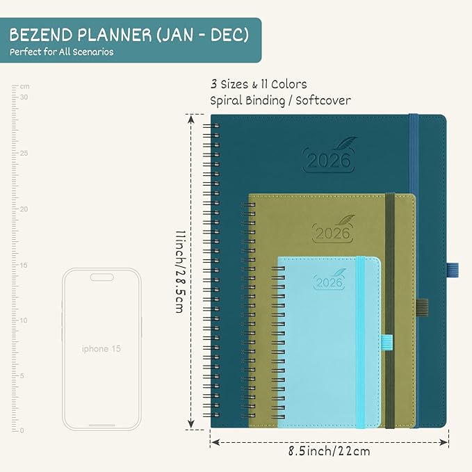 BEZEND 2026 Planner Weekly and Monthly (8.5" x 11" Spiral) Daily Calendar with Half-Hourly Timeslots & Tab (Jan-Dec) Note & Expenses, Pen Holder, Inner Pocket, Vegan Leather Softcover - Turquoise