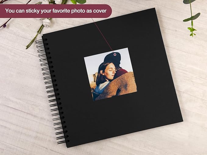 potricher 12 x 12 Inch Large DIY Scrapbook Photo Album 80 Pages Thick Kraft Blank Black Paper Memory Book for Wedding and Anniversary Family (Black, 12 Inch)