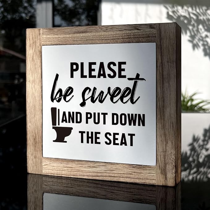 Wooden Box Signs for Home Decor, Funny Bathroom Sign, Please Be Sweet and Put Down the Seat Sign, Farmhouse Bathroom Decor Tabletop, Rustic Bathrooms Signs