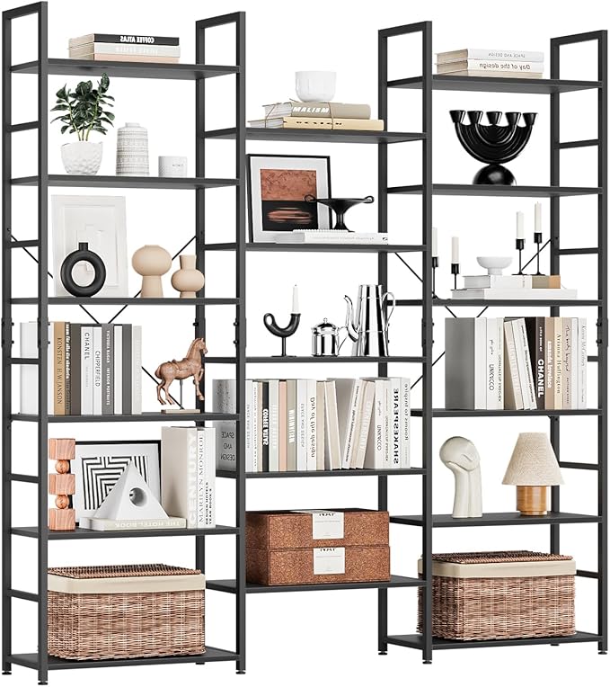 NUMENN Triple Column 6 Tier Bookshelf, Bookcase with 17 Open Display Shelves, Adjustable Rustic Industrial Style Book Shelves, Modern Bookshelves for Bedroom, Living Room and Home Office, Black