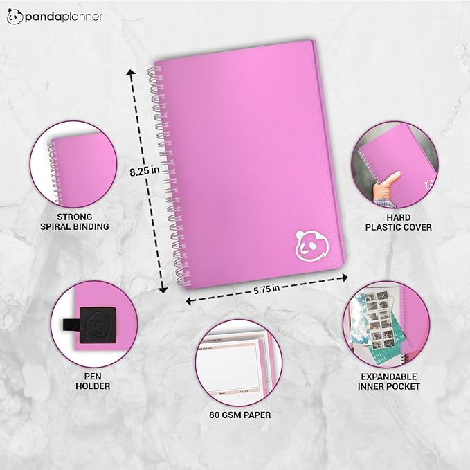 Panda Planner 2025-2026 Undated Weekly Planner, Weekly To Do List Notebook with Spiral Binding - 5.75” x 8.25”, 52 Weeks - Undated Planner with Habit Tracker Notebook for Home, School & Office (Pink)