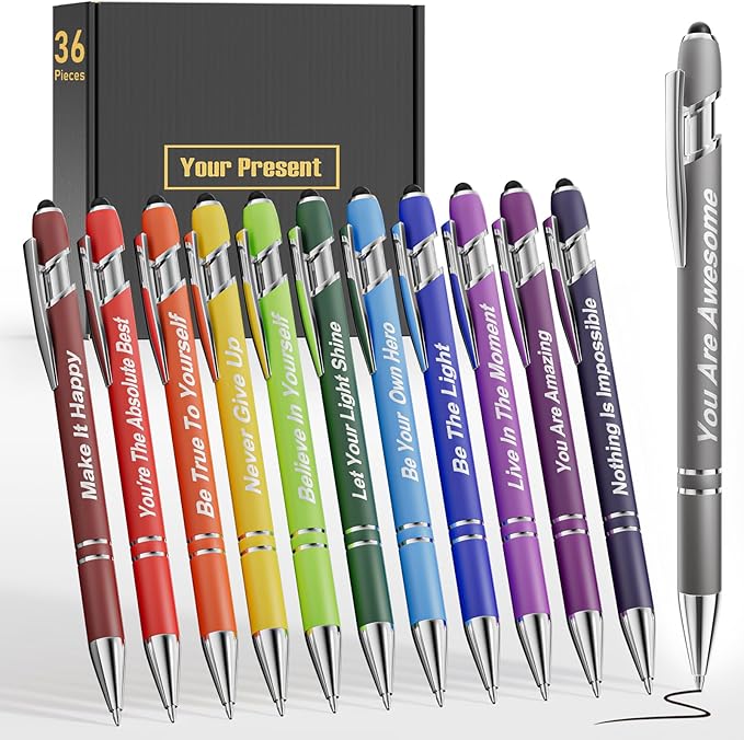 36 Pcs Motivational Pens Bulk, Inspirational Ink Pens with Stylus Tips, Positive Sayings Ballpoint Pen for Writing, Thank You Gifts for Men Women School Office, Black Ink