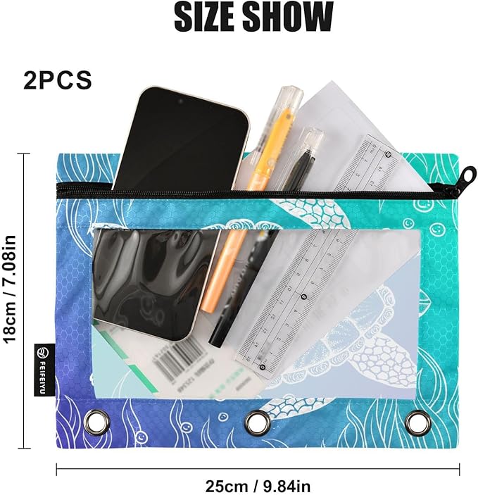 ALAZA Pencil Pouch for 3 Ring Binder, Underwater Sea Turtle Seaweed Print Binder Pencil Pouches with Clear Window Zipper Pencil Case Cosmetic Bags for Office College Supplies, 2PCS