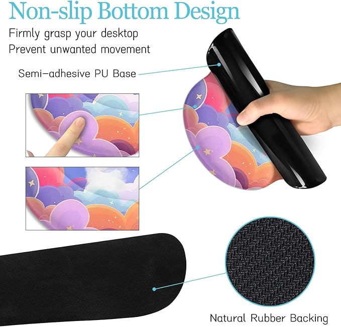 Purple Mouse Pad Large Desk Mat Set, Kawaii Clouds Ergonomic Mouse Pad with Wrist Rest Keyboard Wrist Support XXL Mousepad Cup Coaster Set, Cute Purple Office Desk Accessories Decor Supplies