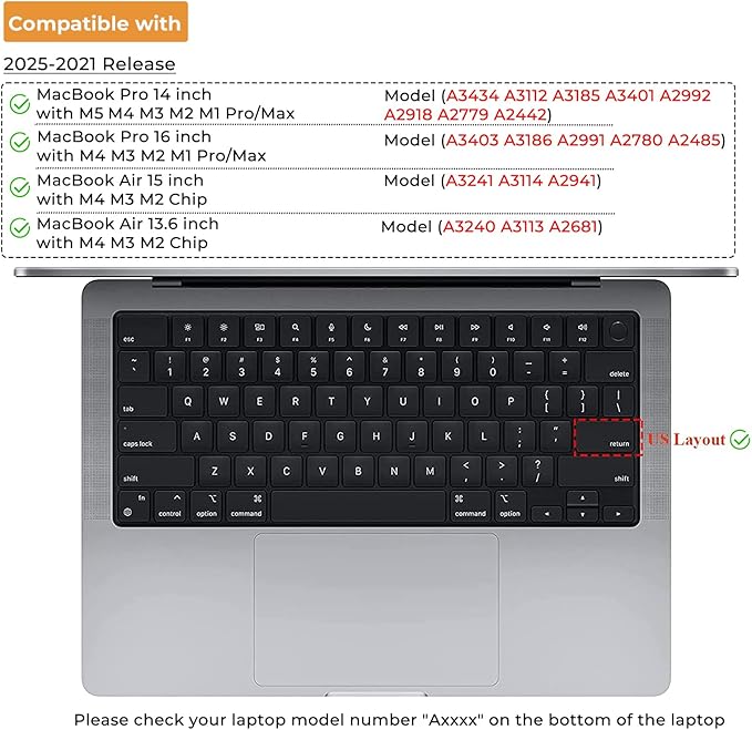 EooCoo Premium Keyboard Cover Skin Ultra Thin Protector, Compatible with M5 MacBook Pro 14" 16" M4 M3 M2 M1 Pro Max Chip, 2025-2021 MacBook Air 15" 13.6" M4 M3 M2 Chip, Clear