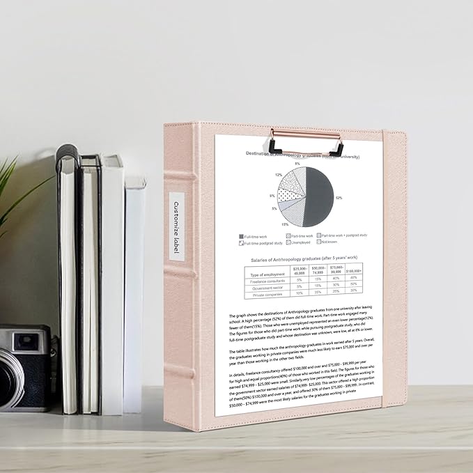 Ospelelf 3 Ring Binder with Clipboard 2 Inch Leather Binder for Letter Size (8.5" x 11"), Clipboard Binder with 5 Tab Dividers Back to School Supply, Rose Gold