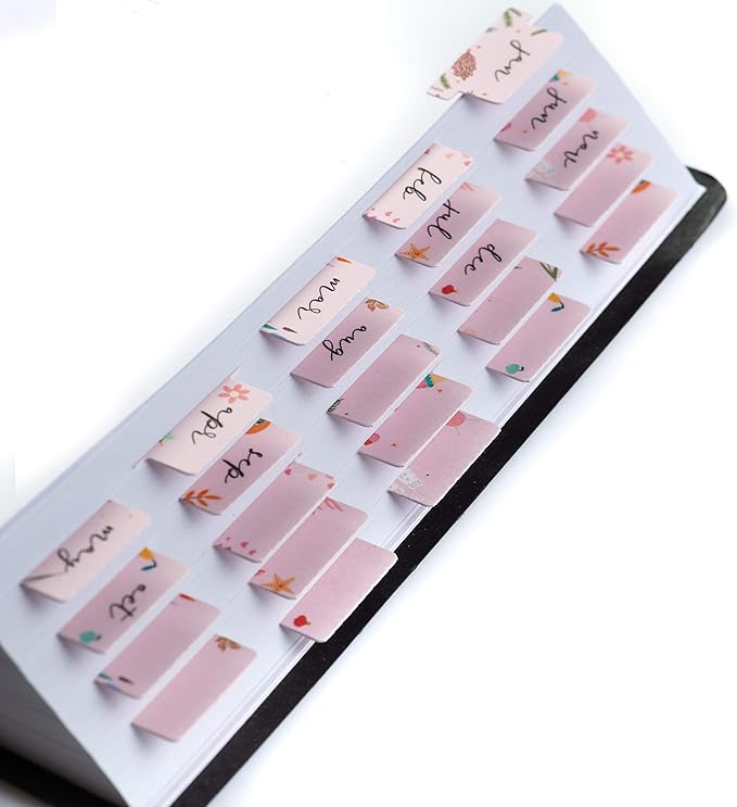 DiverseBee Laminated Planner - 24 Peel and Stick Tabs (12 Month, 12 Blank), Calendar Dividers (Rose)