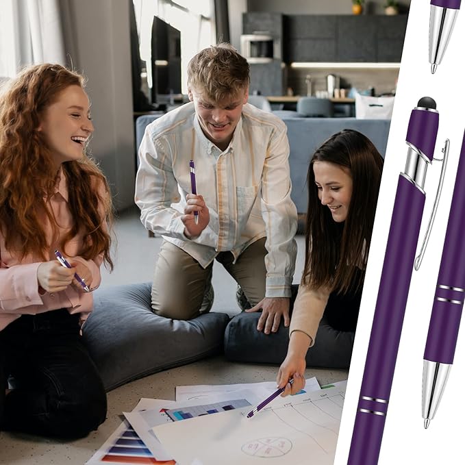 Tenare 12 Pieces 2 in 1 Stylus Metal Ballpoint Pen with Stylus Tip, 1.0 mm Black Ink Ballpoint Pen for Touch Screens(Purple and Silver)