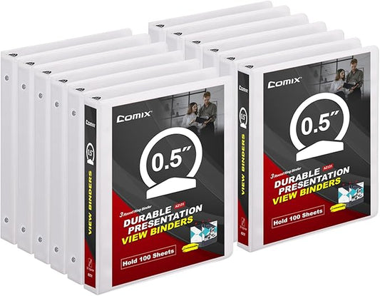 COMIX Sturdy 3 Ring Binder 0.5 inch with Clear View Cover, 1/2" Round Ring View Binder, PVC-Free, 100 Sheets Capacity of US Letter Size Paper, Office ＆ School Supplies, Pack of 12 (White)