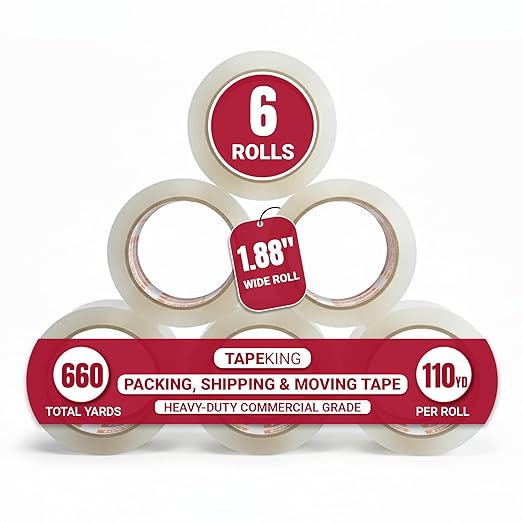 Tape King Clear Packing Tape | 110 Yards Per Roll (6 Rolls) | 1.88 Inch Wide Heavy Duty Packing Tape 2.7mil Strong Adhesive for Moving Boxes, Shipping Cartons, Office Use, Storage (660 Yards)